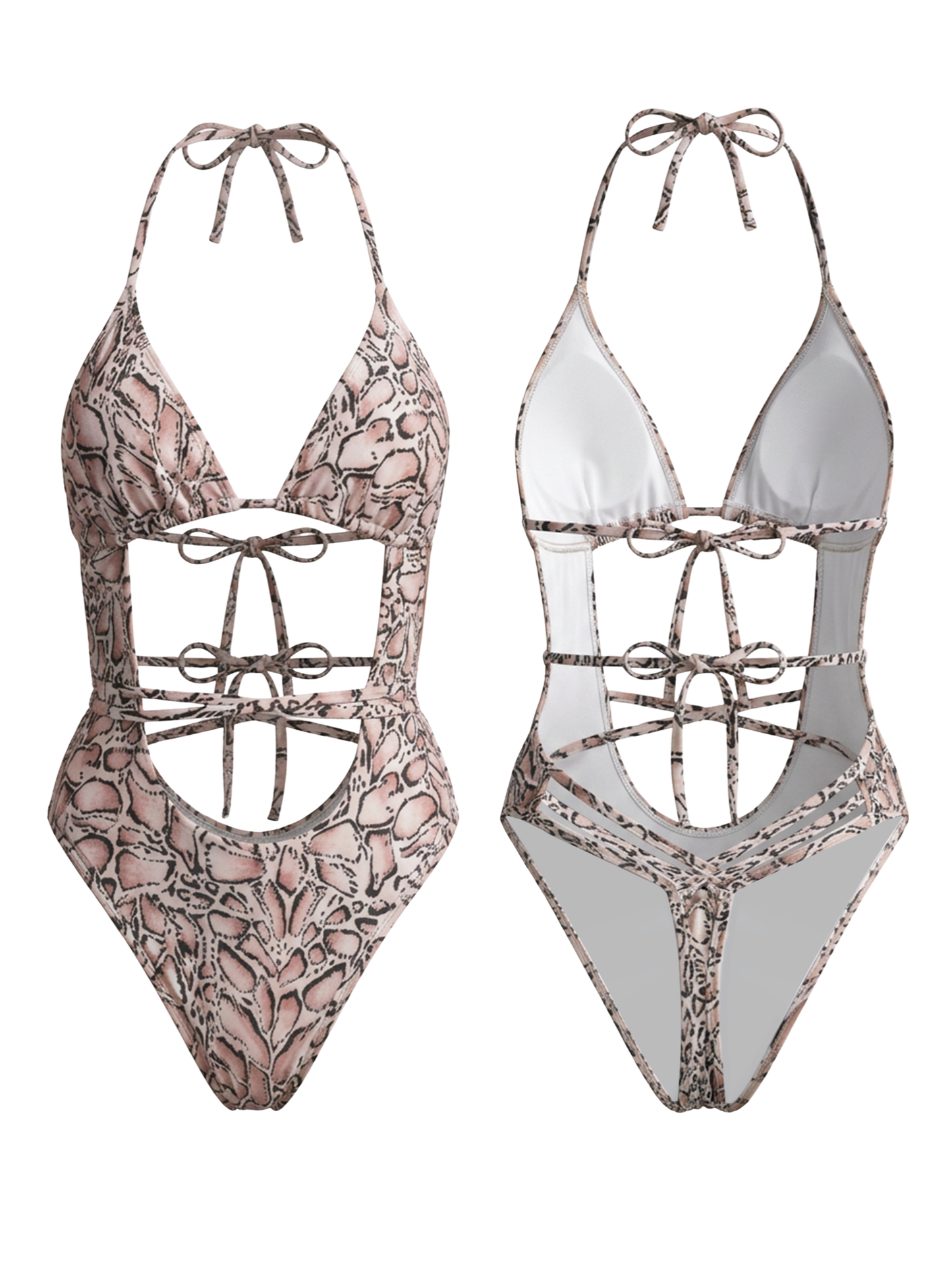 Statement Pink Snake Print Cutout Halter One-Piece