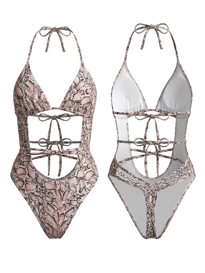 Statement Pink Snake Print Cutout Halter One-Piece