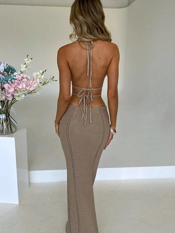 Vacation Style Sexy Halter Strapless Hollow Out Tie Dress