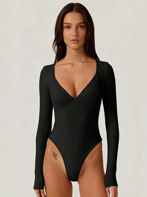Sexy Long-Sleeve Deep V-Neck Bodysuit