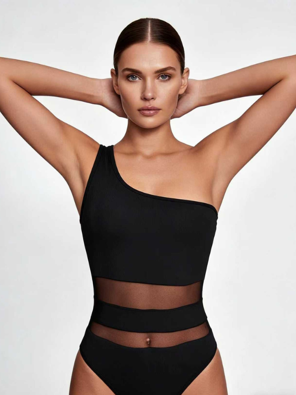 Sexy Fitted Mesh Sleeveless One-Shoulder Bodysuit