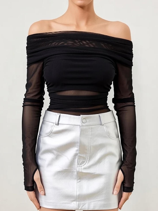 Sexy Strapless Sheer Mesh Long Sleeve Bodysuit