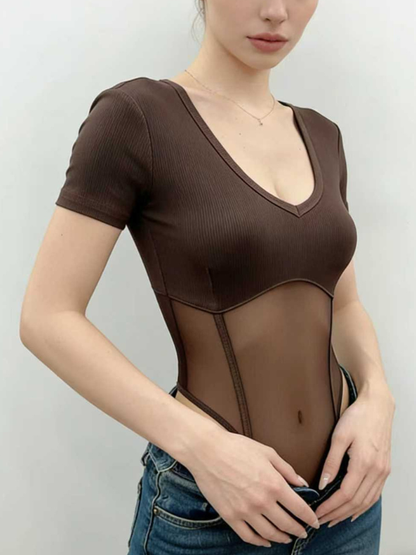 Paneled Mesh Short-Sleeve Sexy Hot Girl Bodysuit