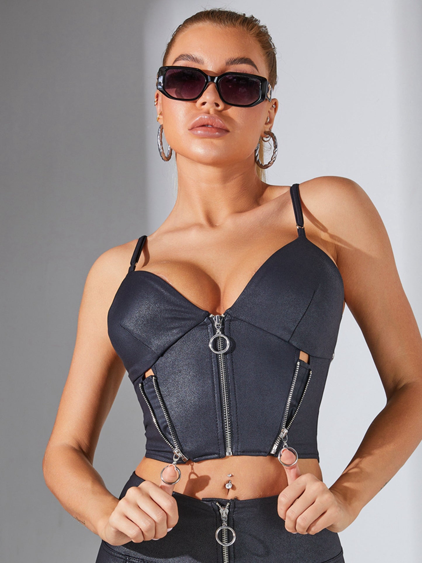 Faux Leather Zipper Corset Shape Sports Bras
