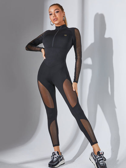 Half Zipper Mesh Breathable Jumpsuit