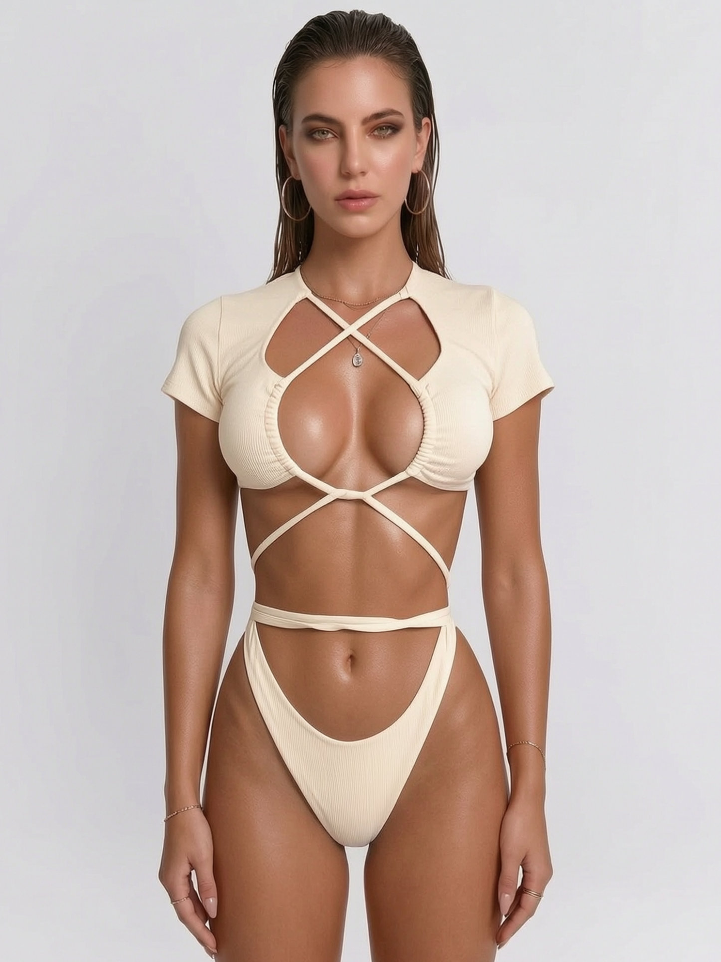 Drawstring Tie Ribbed Fabric Bikini