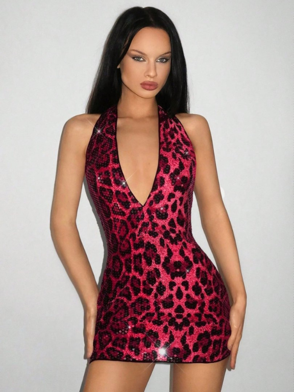 Leopard Print Sequin Halter Open Back Mini Dress