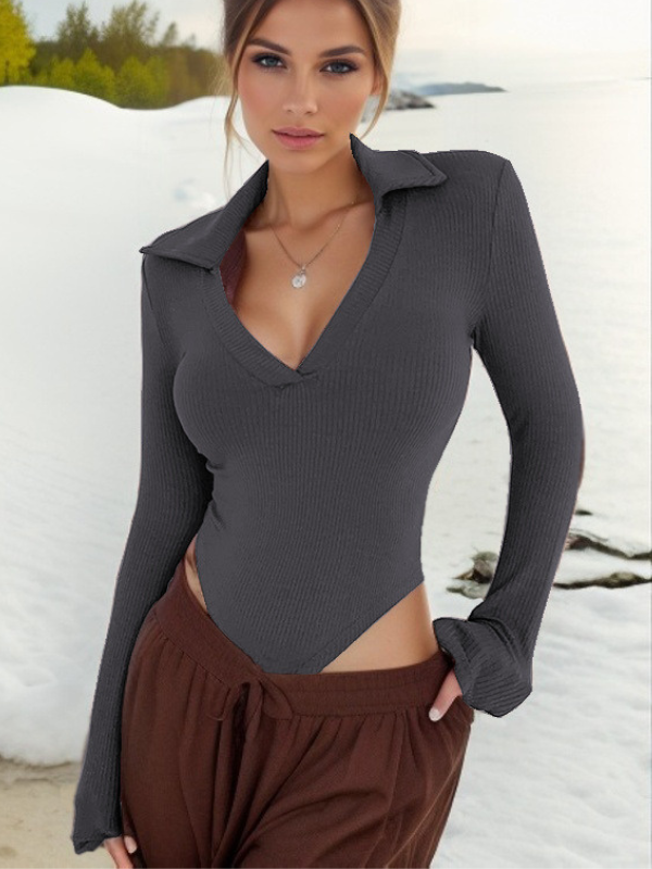 Sexy Trendy Slim-Fit Polo Collar Long-Sleeve Bodysuits