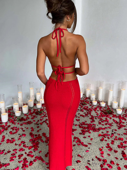 Vacation Style Sexy Halter Strapless Hollow Out Tie Dress