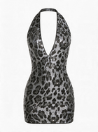 Leopard Print Sequin Halter Open Back Mini Dress