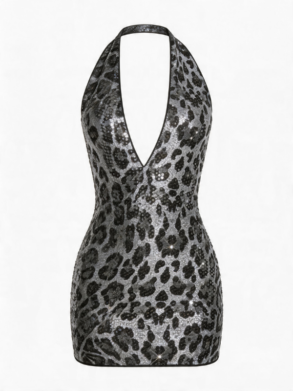 Leopard Print Sequin Halter Open Back Mini Dress
