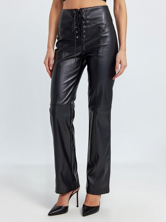 Sexy Faux Leather Push Up Design Lace-up Split Leggings