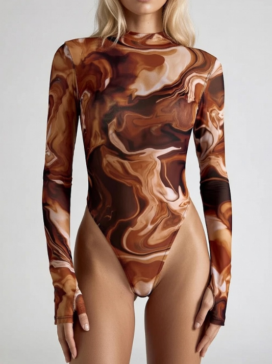 Sexy Hot Tie-dye Print Sheer Mesh Bodysuit