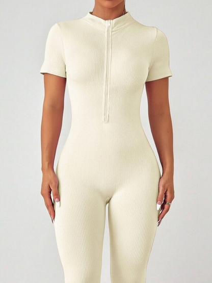 Ribbed Zipper Short Sleeves Jumpsuit