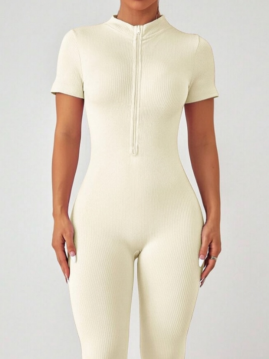 Ribbed Zipper Short Sleeves Jumpsuit