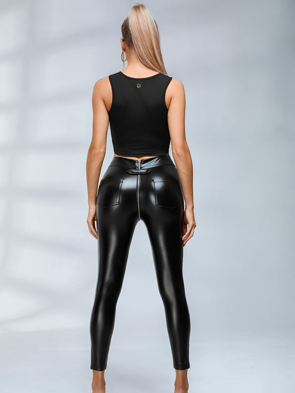 ❤Faux Leather Zipper Buttons Pocket Leggings