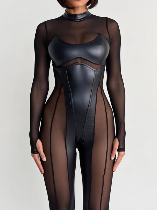 Fashion Paneled Mesh Crew Neck Back-Zip Jumpsuit