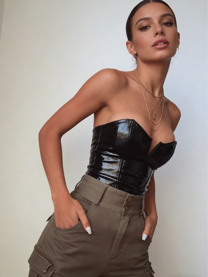 Fashionable Backless Sexy Slim-Fit PU Bodysuit