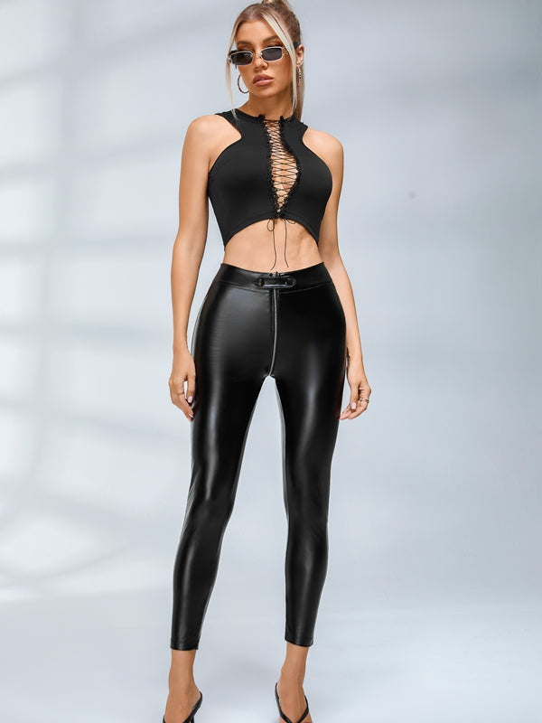 ❤Faux Leather Zipper Buttons Pocket Leggings