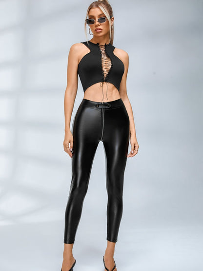 ❤Faux Leather Zipper Buttons Pocket Leggings