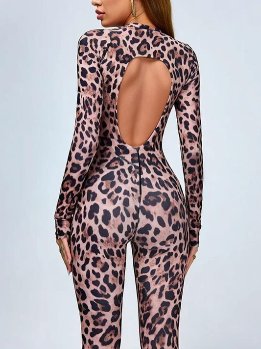 Fashion Leopard Print Backless Jumpsuit