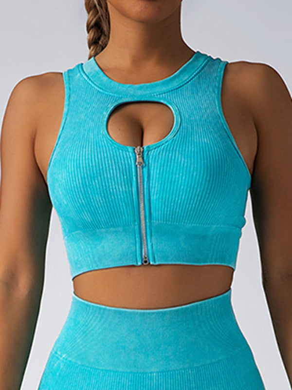 Ribbed Zipper Hollow Out Denim Sports Bras