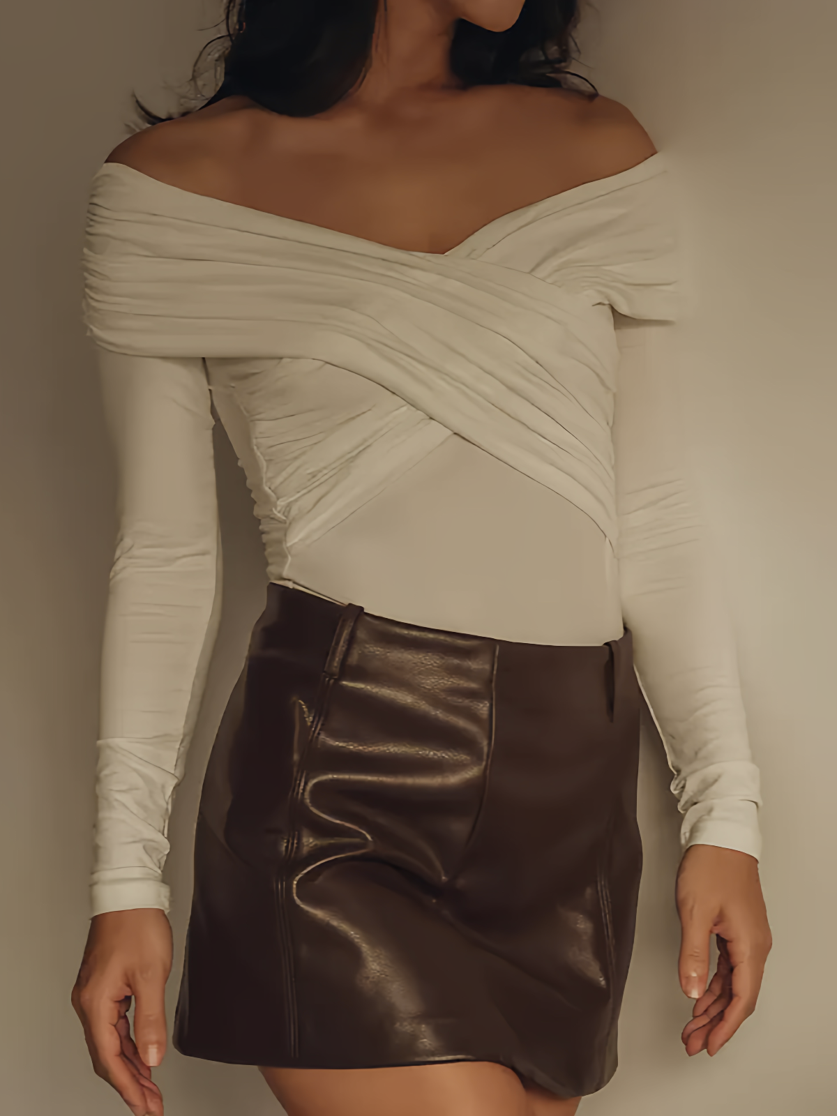 Sexy Off Shoulder Ruched Long Sleeve Shapewear Bodysuit