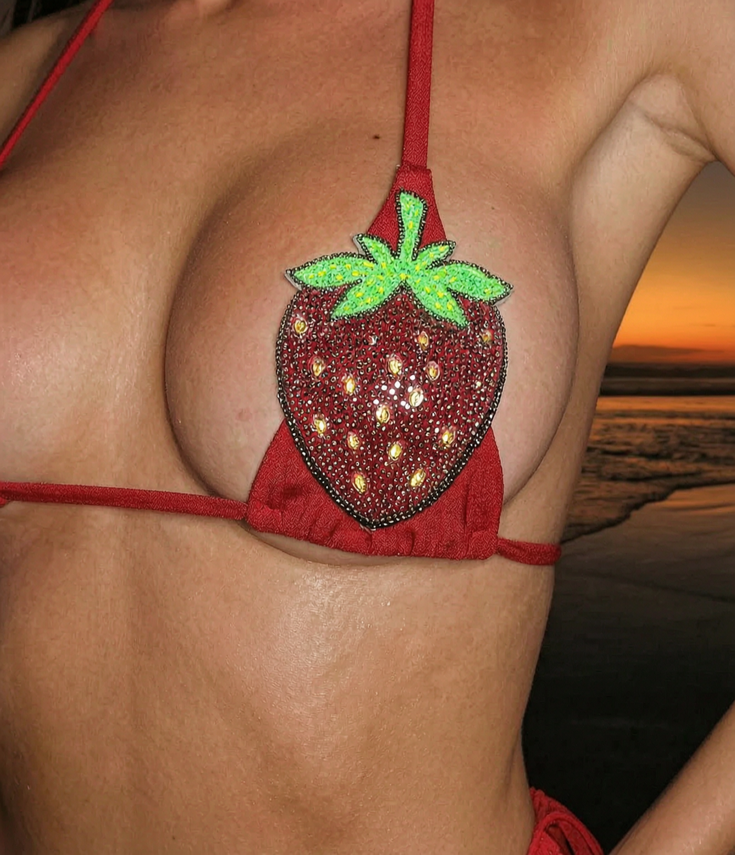 Red Sequin Strawberry Halter Tie Side Triangle Bikini