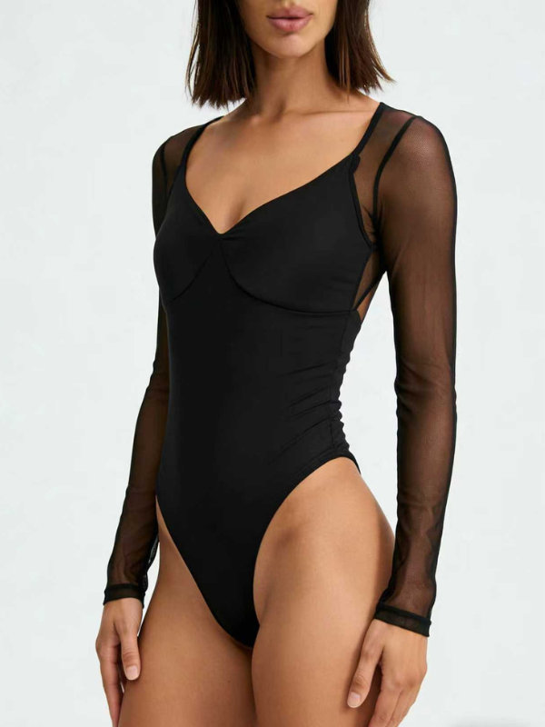 Sexy Mesh Patchwork Slim Long Sleeve Bodysuit