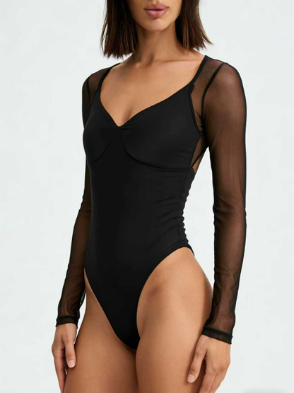 Sexy Mesh Patchwork Slim Long Sleeve Bodysuit