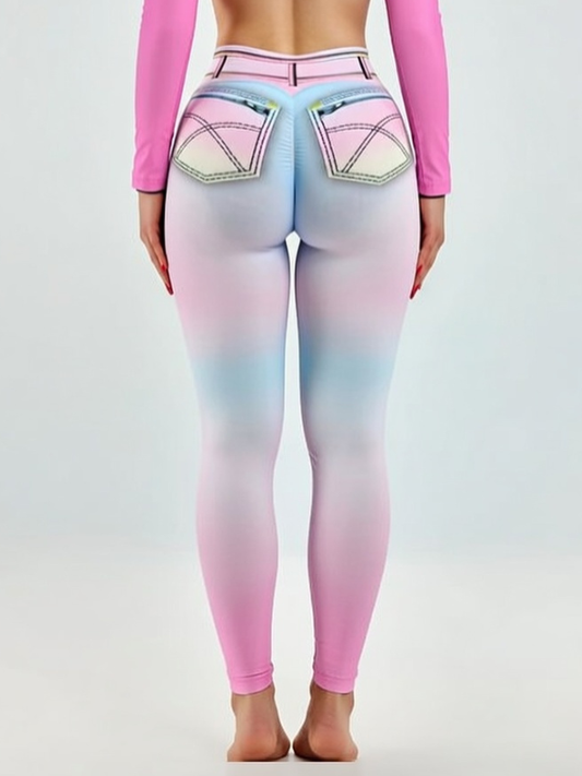 Hot Tie Dye Faux Denim Scrunch Bum Contrast Color Leggings
