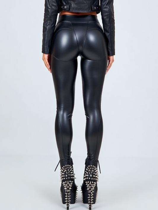 Fly-Eye Faux Leather Push-Up Zipper Hip-lift Leggings