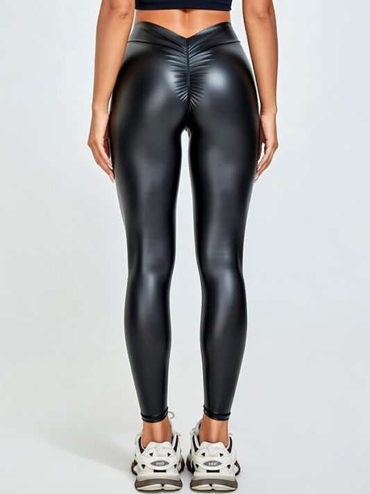 Faux Leather Deep V Back Scrunch Bum Leggings