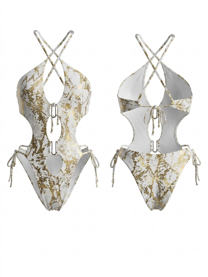White & Gold Snake Print Halter Cutout One-Piece
