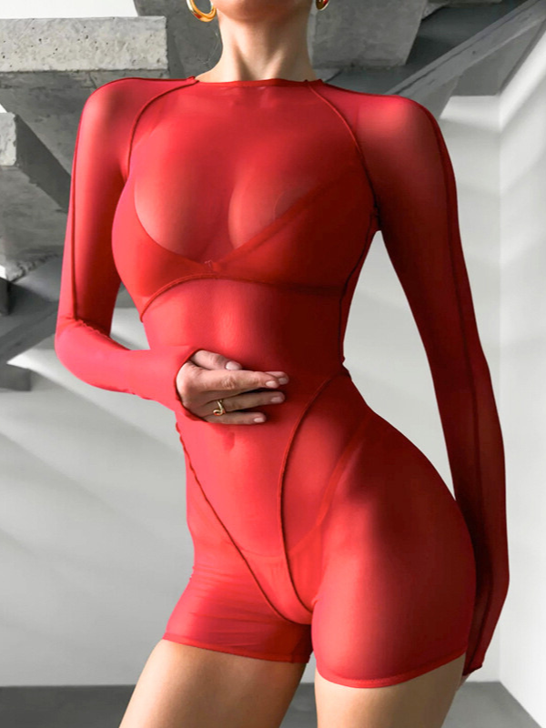 Mesh Sexy Hot Girl Backless Fitted High-Waist Bodysuit