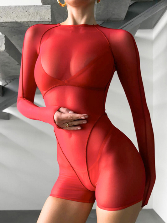 ZASUWA Damen Mesh Sexy Hot Girl Rückenfreier, taillierter Bodysuit mit hoher Taille