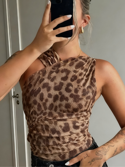 Fashionable Leopard Print Asymmetric Ruched Mesh Bodysuit
