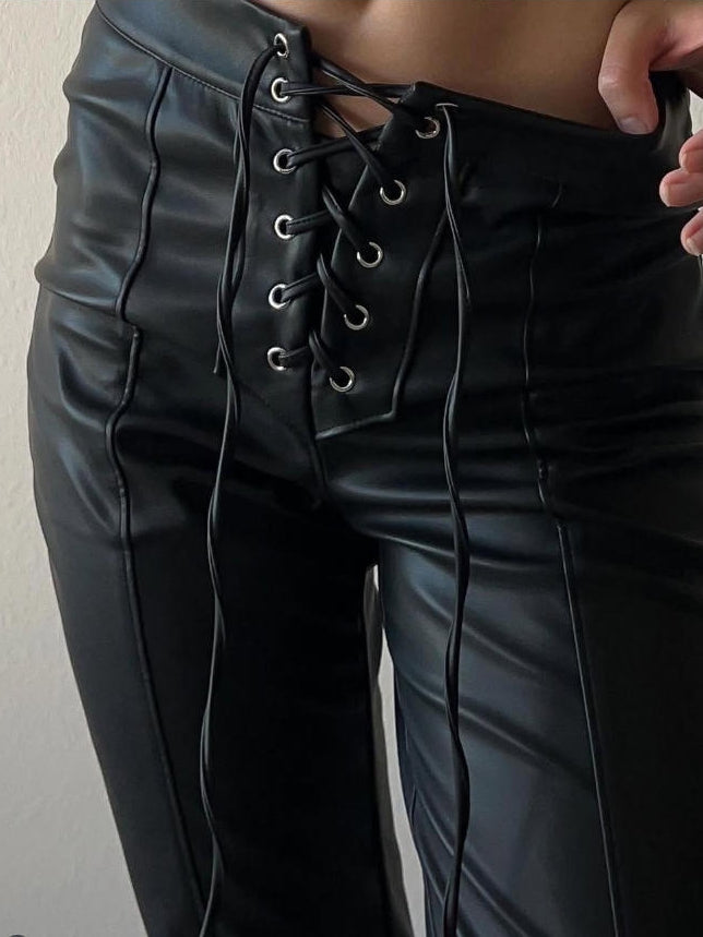 Sexy Faux Leather Push Up Design Lace-up Split Leggings
