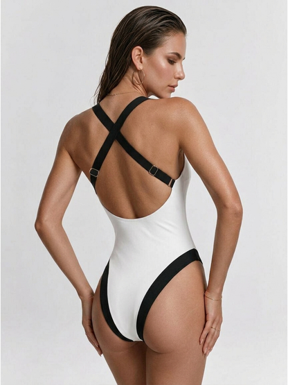 White & Black Contrast Trim V-Neck Halter One-Piece