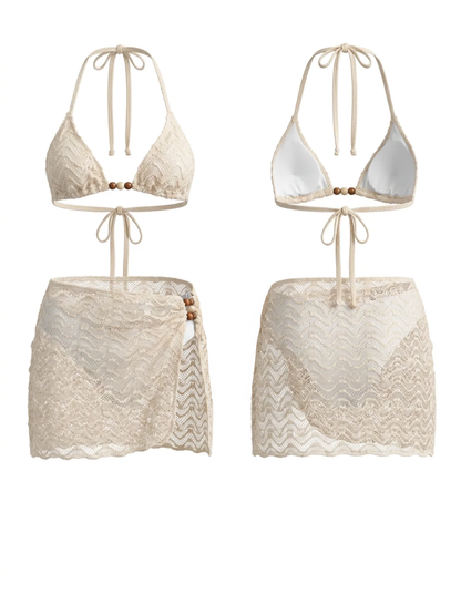 Wave Crochet Bead Halter Bikini Wrap Skirt 3 Piece Set