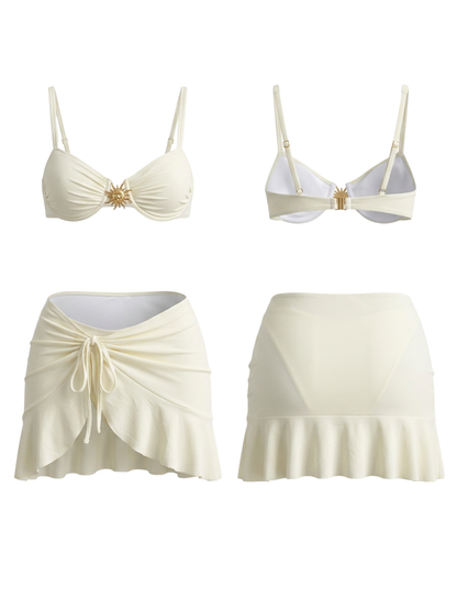 Cream Sunflower Underwired Bikini with Tie-Skirt 3-Piece Set