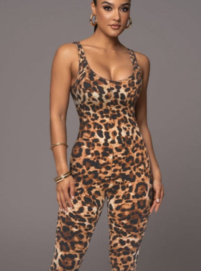 Leopard Print U Collar Jumpsuit