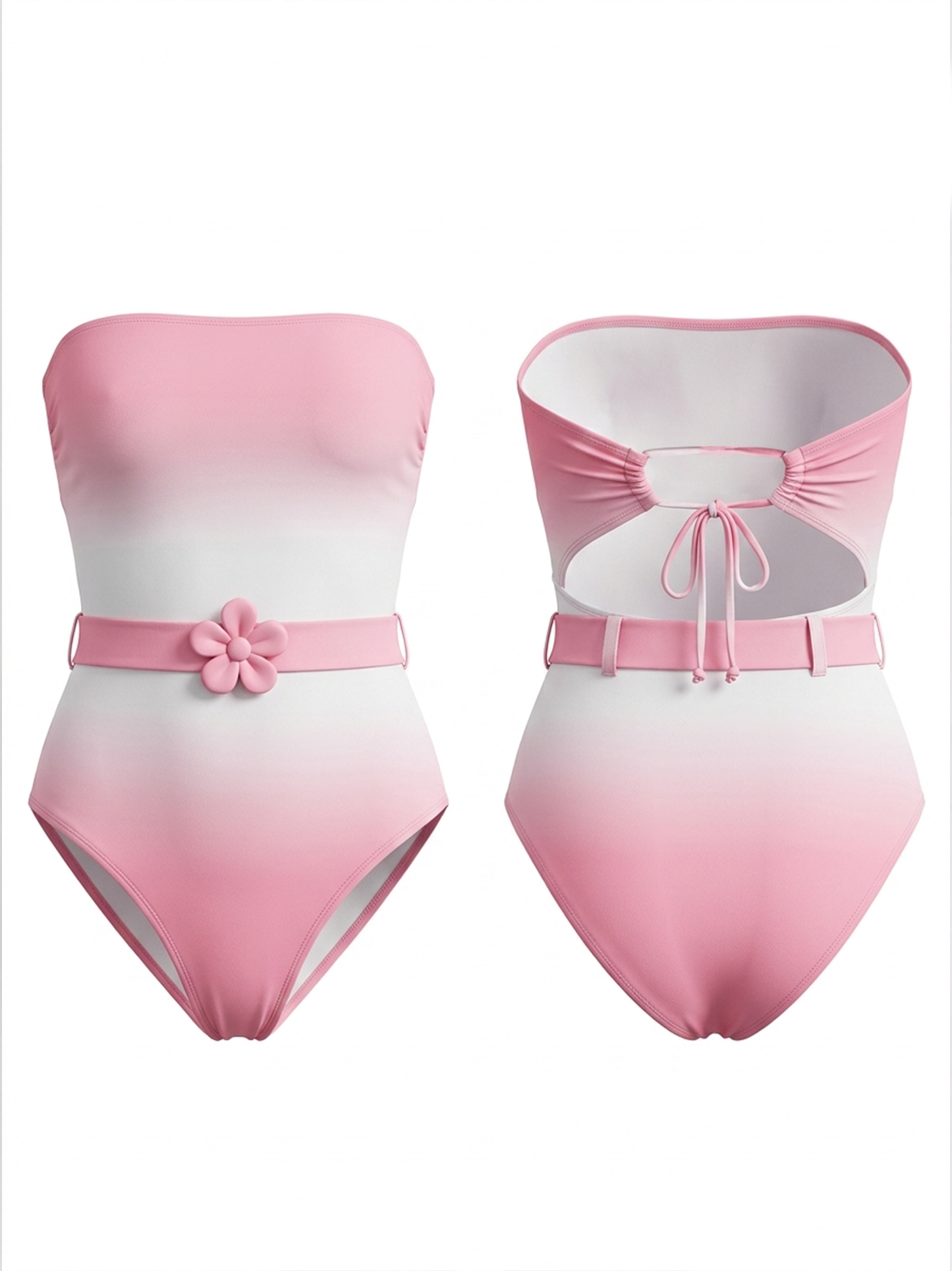 Pink-White Ombre Strapless One-Piece Swimsuit with Flower Accent