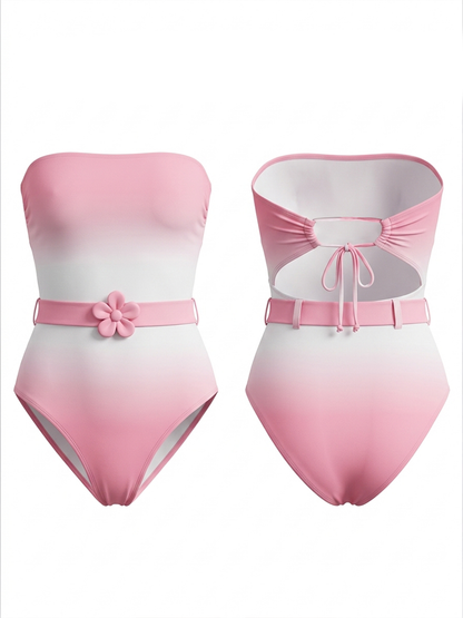 Pink-White Ombre Strapless One-Piece Swimsuit with Flower Accent