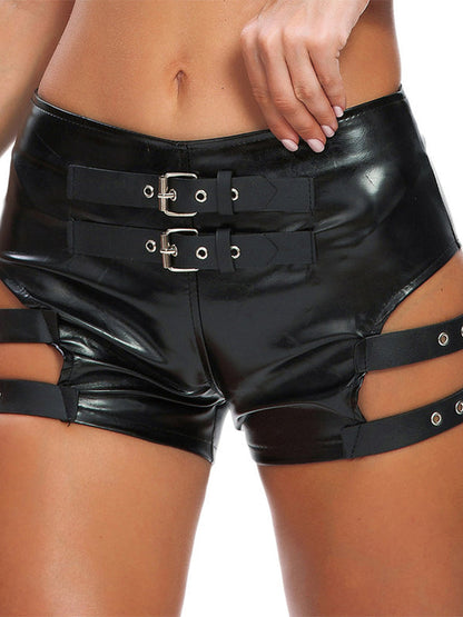 Sexy Faux Leather Hollow Out with Metal Booty Shorts
