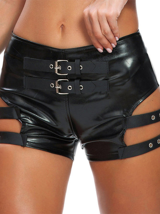 Sexy Faux Leather Hollow Out with Metal Booty Shorts