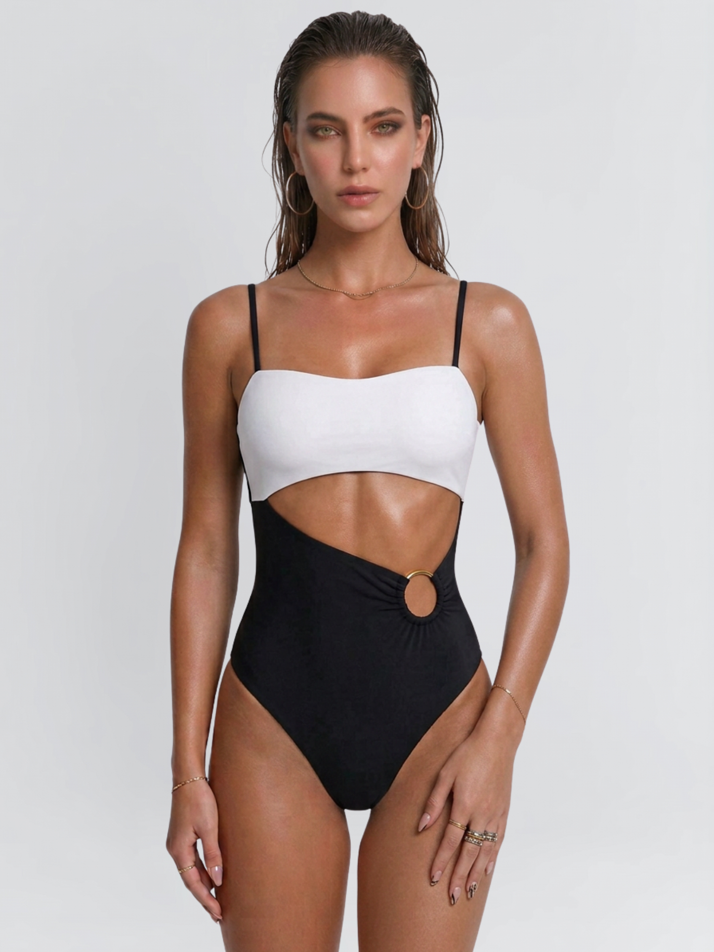 Vintage Black & White Colorblock Backless One-Piece