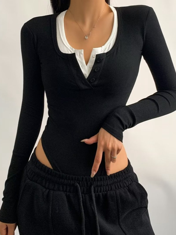 Color-Block V-Neck Ribbed Fashion Bodysuit