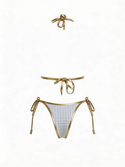 Sexy Halter Contrast Color with Metal Bikini Set