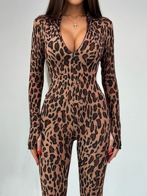 Sexy Leopard Zipper Thumbhole Hip-lift Jumpsuit
